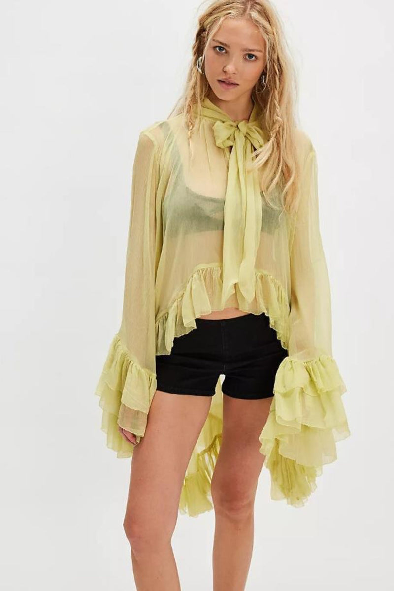 Sheer Flare Sleeve Tie Blouse