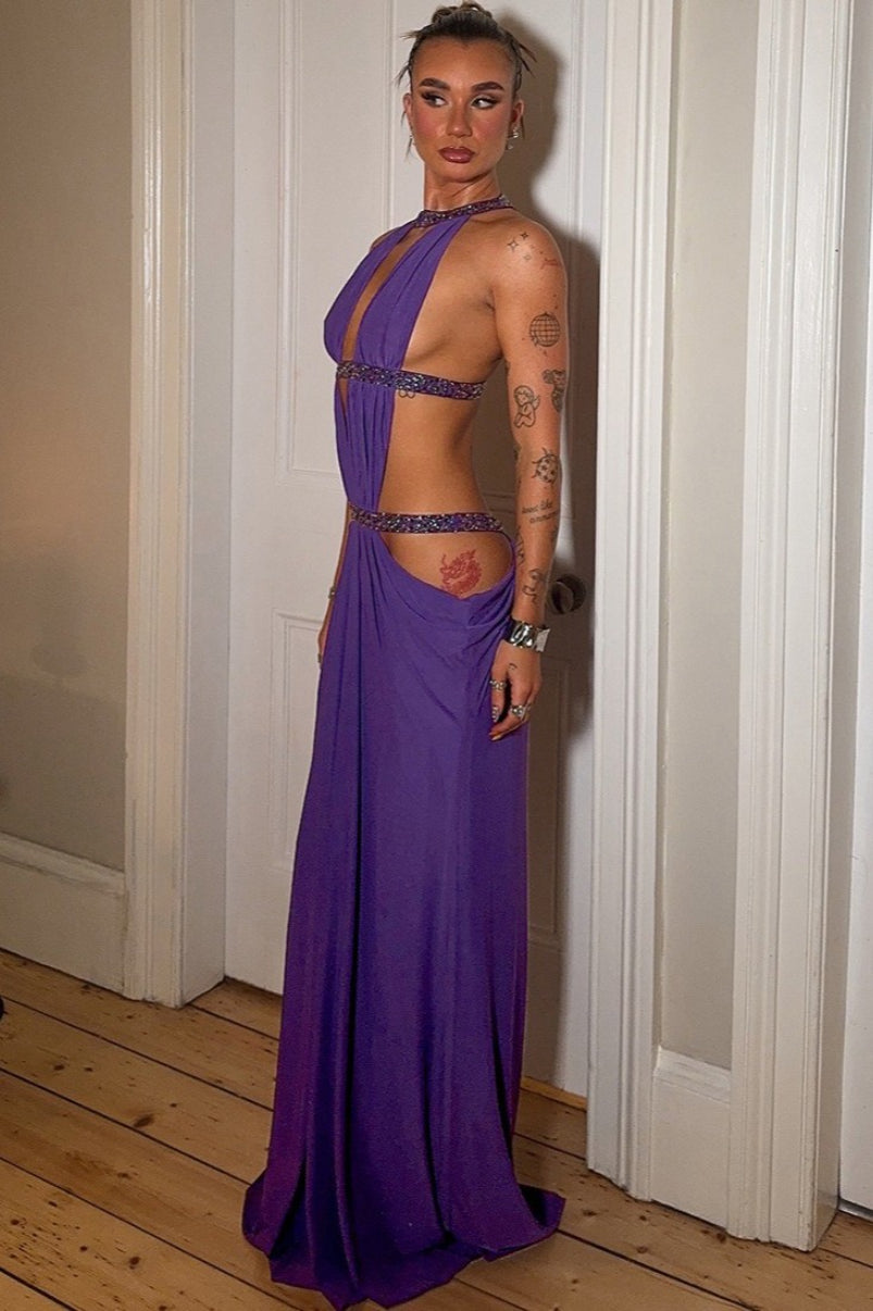 Cutout Rhinestone Backless Maxi Dress