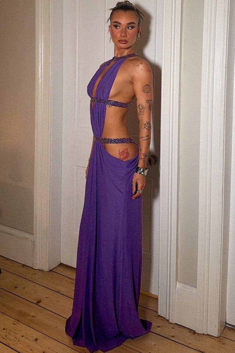 Cutout Rhinestone Backless Maxi Dress