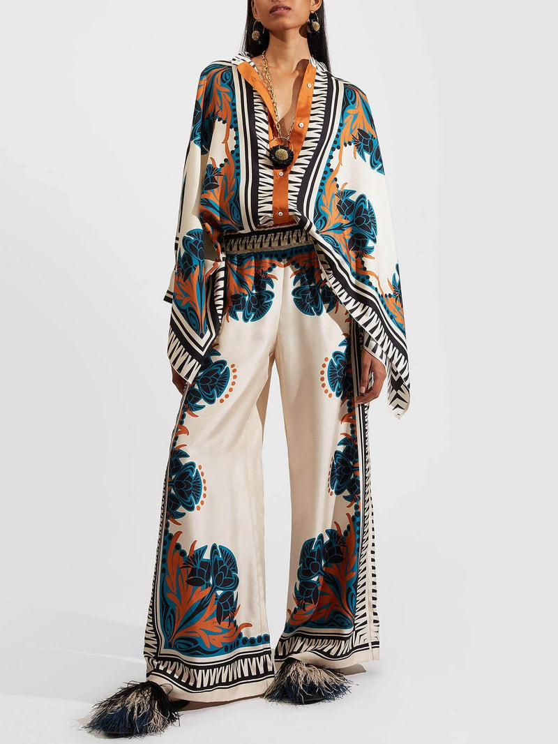 Exquisite Satin Plant Print Loose Wide-leg Pants