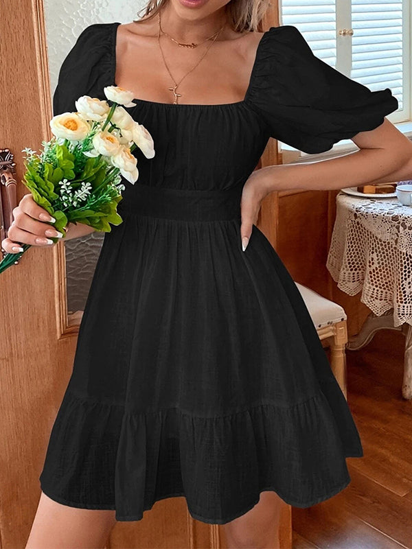 High Waisted Loose Backless Bowknot Elasticity Pleated Color Split-joint Square-neck Mini Dresses