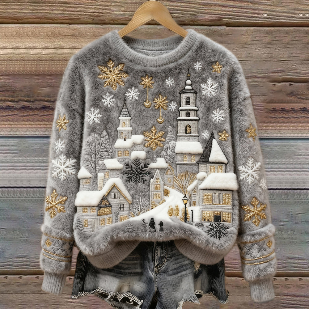 Comstylish Christmas Snow Scene Embroidery Women's Cozy Plush Sweater