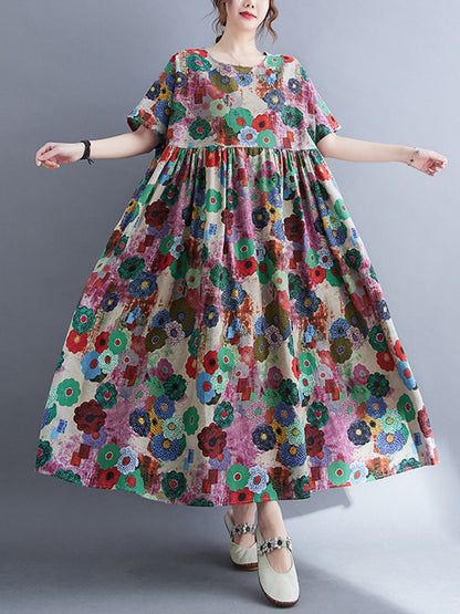 Loose Multi-colored Printed Midi Dress