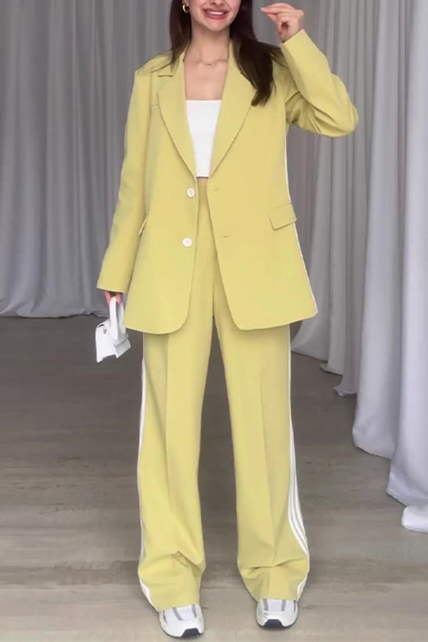 Fresh and Style Striped Trim Lapel Blazer and High Rise Pocket Loose Pants Set