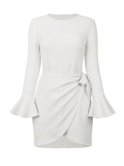 Simple Long Sleeves Skinny Tied Falbala Color Round-neck Mini Dresses