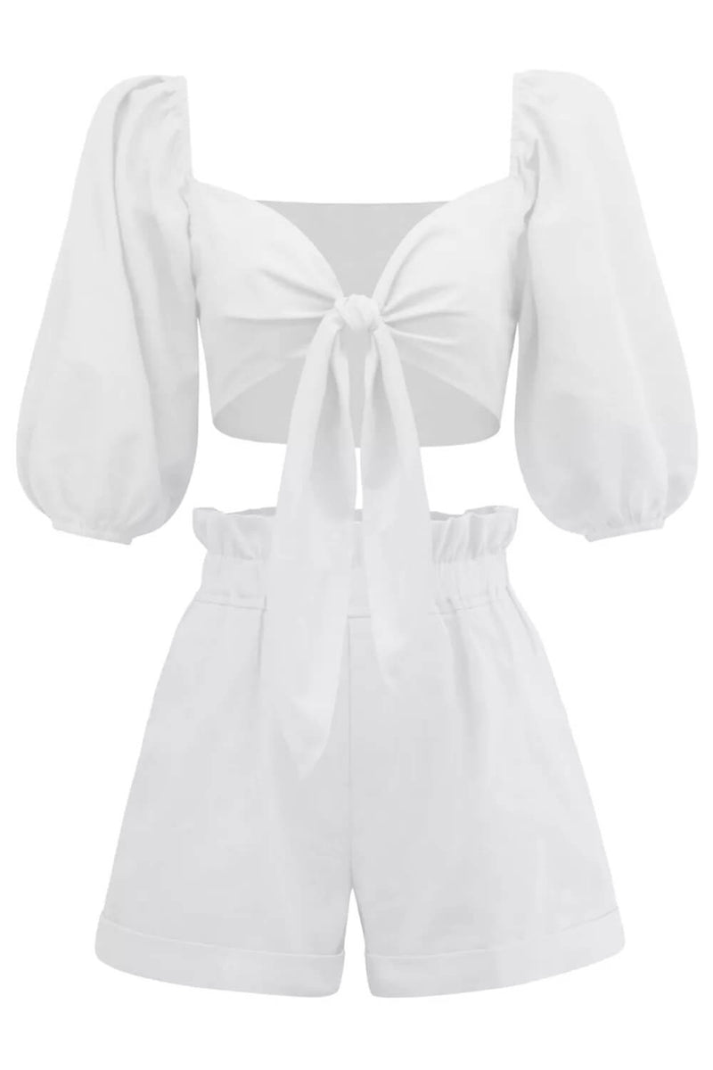 Linen Wrap Front Tie Puff Sleeve Shorts Sets in White