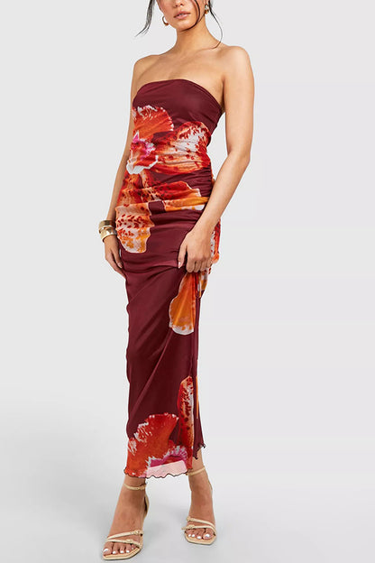 Oh So Sunny Mesh Print Bandeau Stretch Maxi Dress