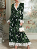 V-neck Lace Snowflake Print Velvet Long-sleeved Maxi Dress