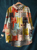 Colorful Hand-Painted Cat Print Cotton And Linen Shirt