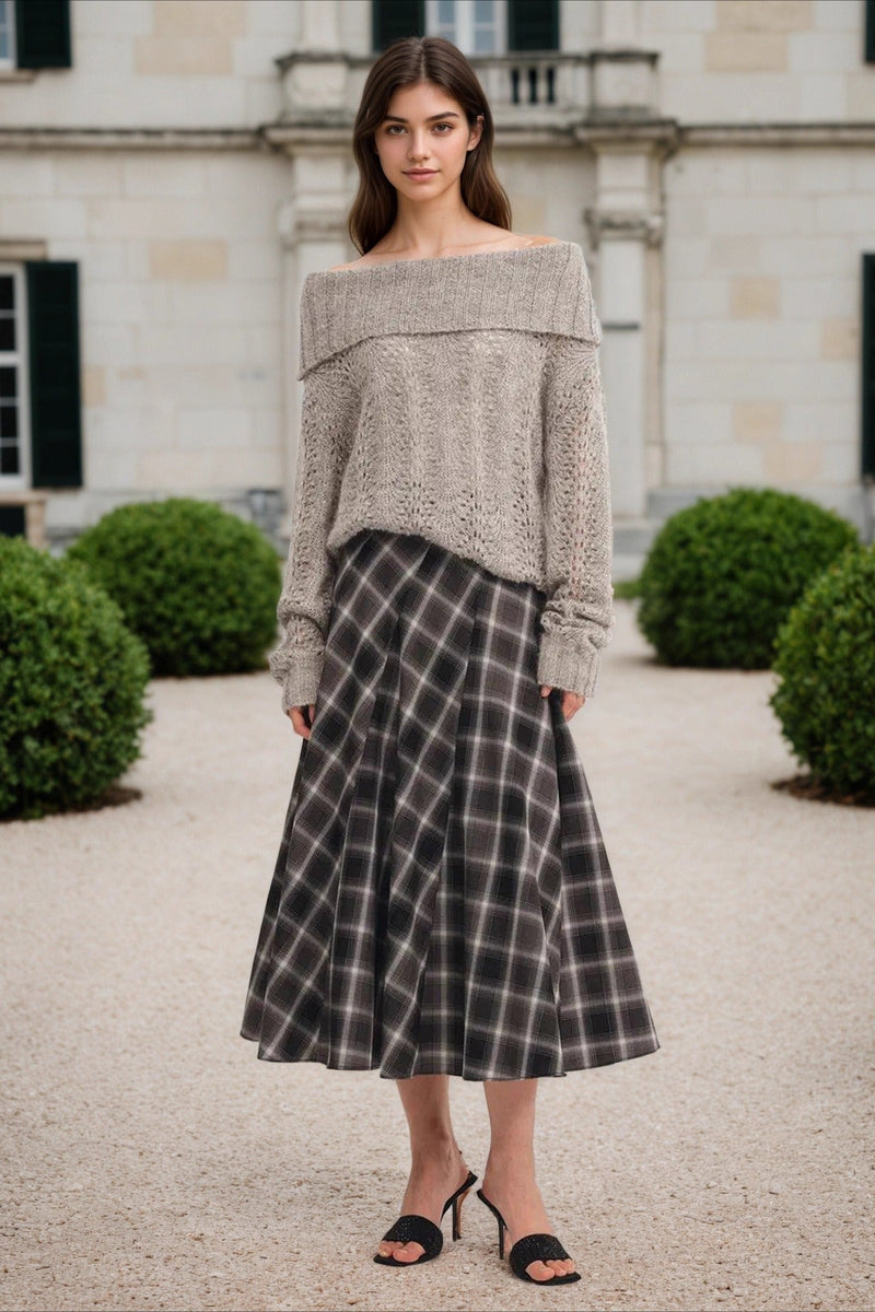 Wool Plaid Waist Defined A-line Skirt