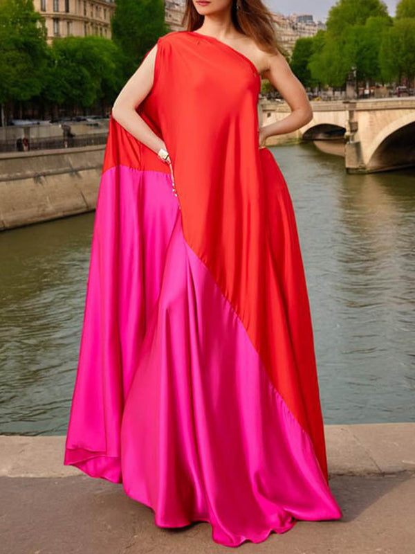 High Waisted Loose Asymmetric Contrast Color Split-joint One-shoulder Maxi Dresses