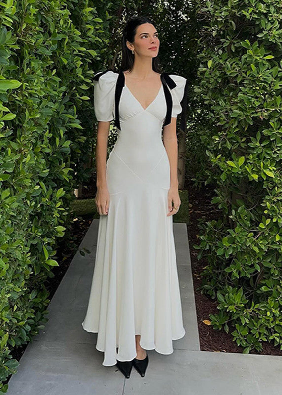 Garden Muse - Puff Sleeve Satin Maxi Dress With Velvet Bows