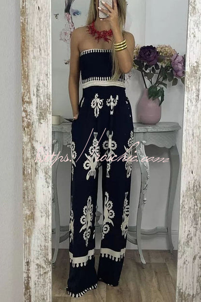 Larsen Print Off Shooulder Smocked Bust Pocketed Jumpsuit