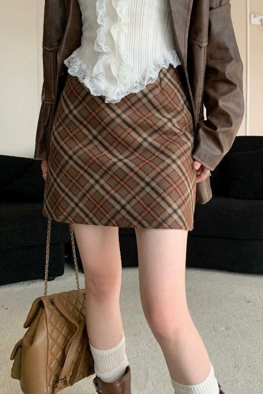 Tweed Plaid High Waist Fitted Short Skirt