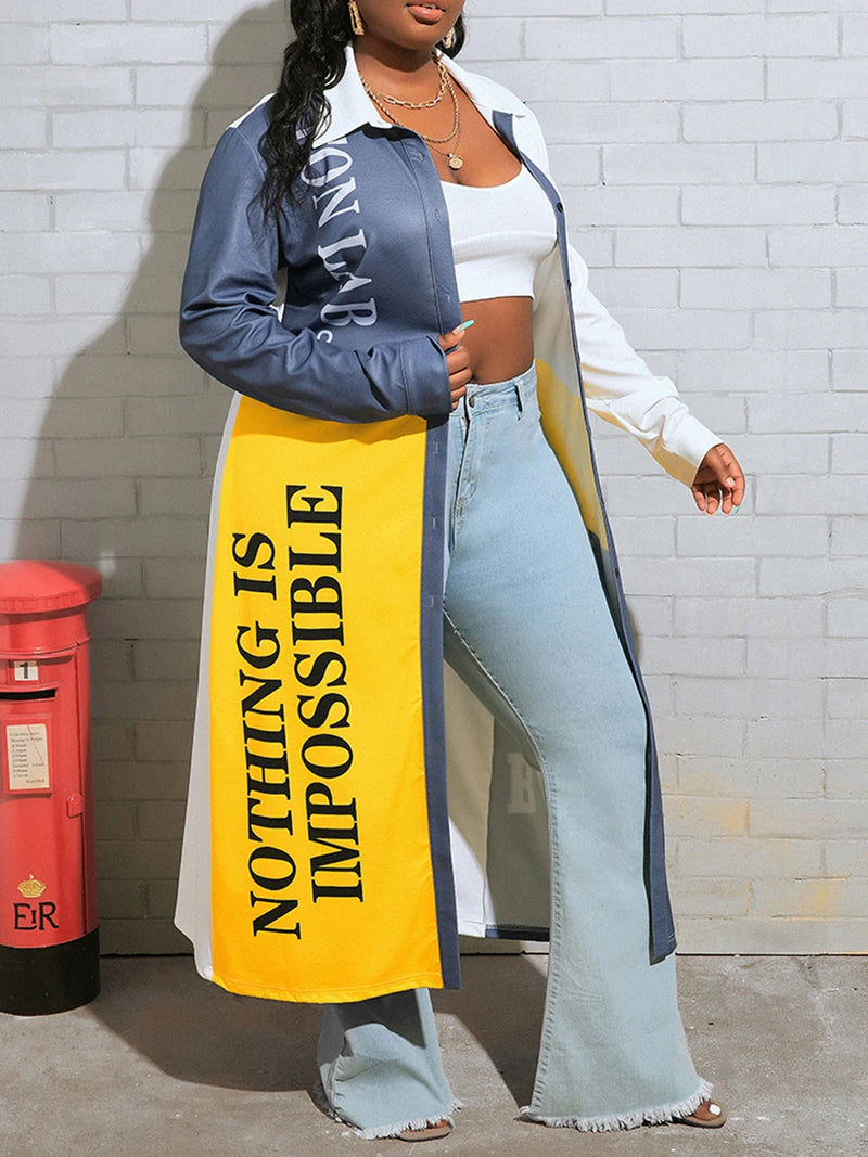 ’s Geometric Afro Print Loose Trench Coat With Conventional Collar