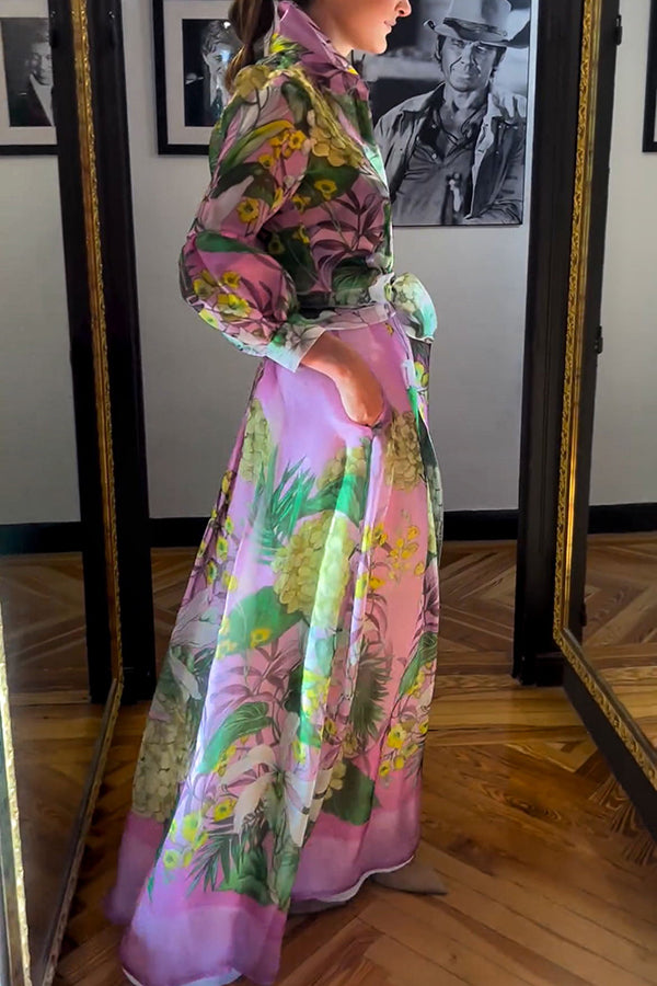Seeds of Happiness Tulle Print Elastic Waist Belt Pocketed Maxi Skirt