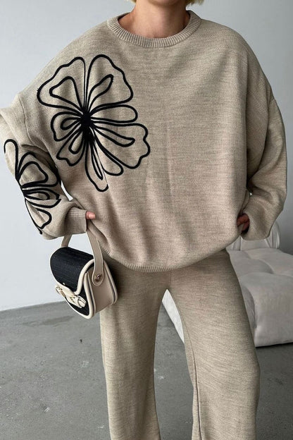 Round Neck Knit Sweater With Pants Two Piece Pants Set