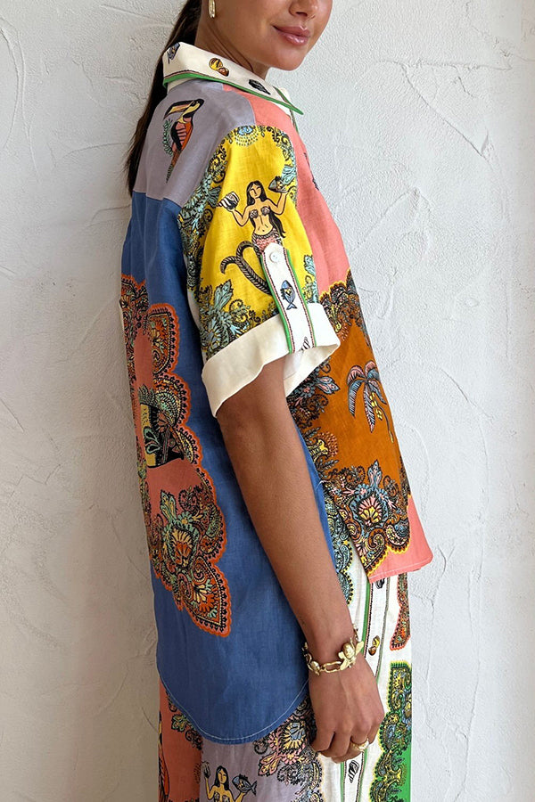 And Posh Linen Blend Mermaid Print Button Down Oversized Blouse
