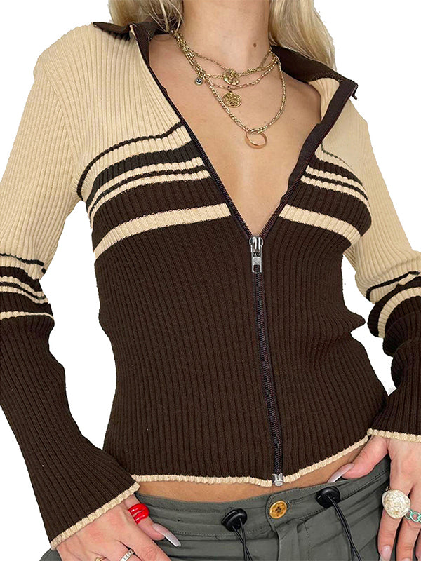 Brown Striped Patchwork Lapel Cardigan