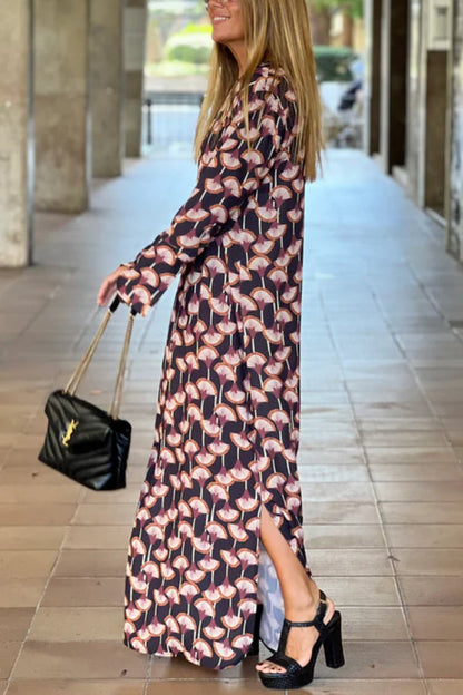Printed V Neck Long Sleeve Maxi Dress