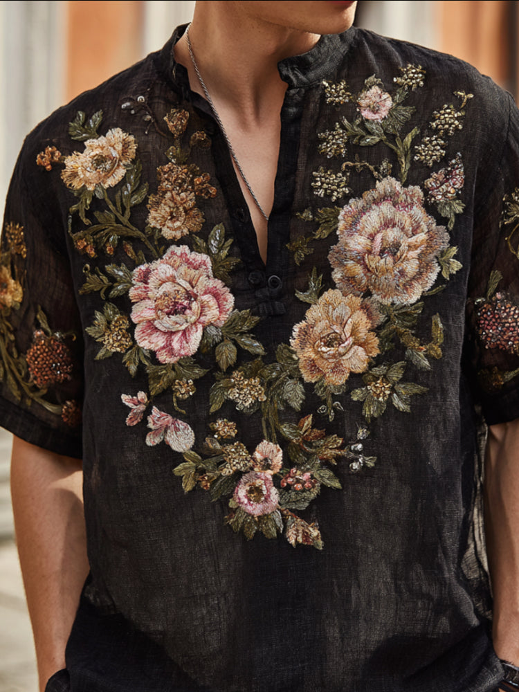 Bohemian Style Colored Plant And Flower Black Men's Vintage V-neck Short-sleeved Shirt elevenforest