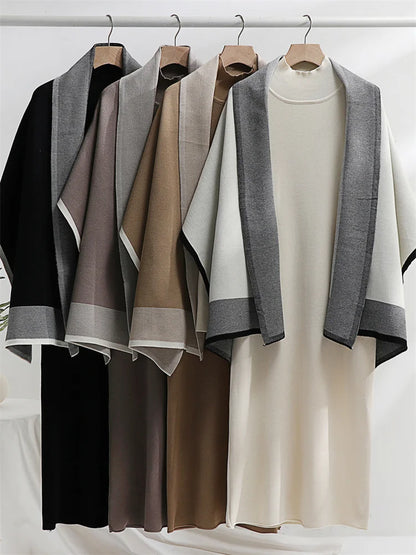 Knit 2 Piece-set Maxi Dress for Loose Patchwork Contrast Shawl Slim Knitwear Dress Outfits