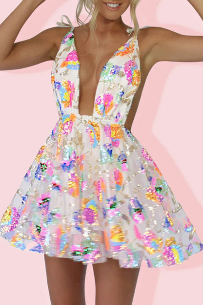 V Neck Open Back Sequined Tie a Line Mini Dress