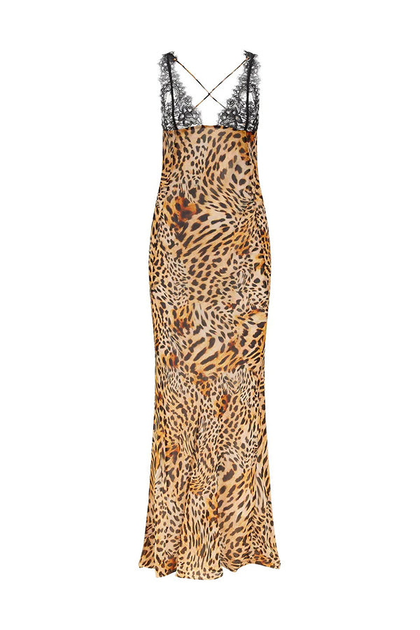Rosalinda Abstract Print Lace Patchwork Back Lace-up Maxi Dress