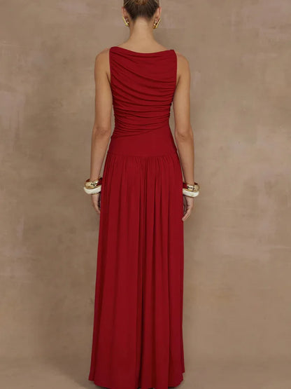 Artcat Sleeveless Round Neck Bodycon Long Dress for Folded Slimming Party Evening Dress Female Tight Vestido