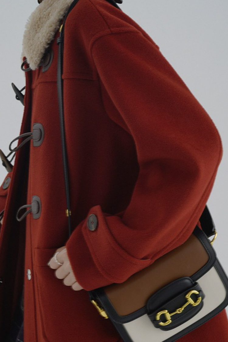 Horn Button Shearling Collar Red Overcoat