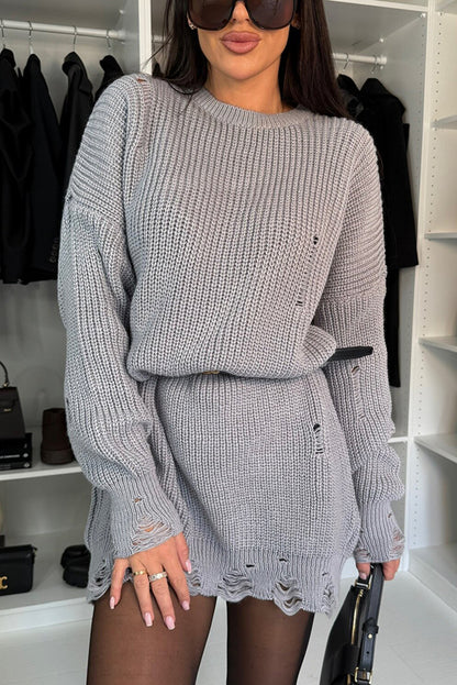 Color Loose Ripped Knitted Mid-length Sweater