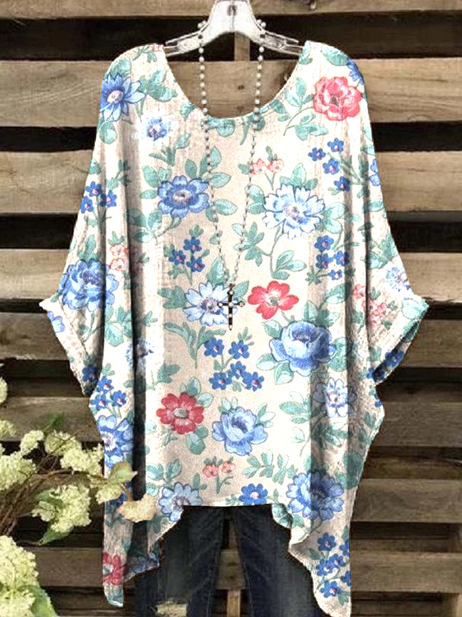 Women's Vintage Rustic Two Color Floral Pattern Round Neck Top