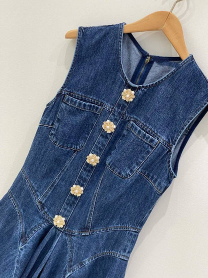 Denim Mini Dress With Fluted Pleated Skirt