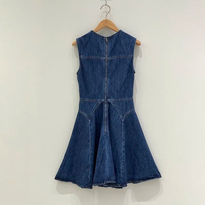 Denim Mini Dress With Fluted Pleated Skirt