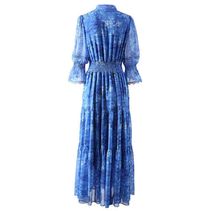 V-neck Flare Sleeve Lace Print Summer Dress