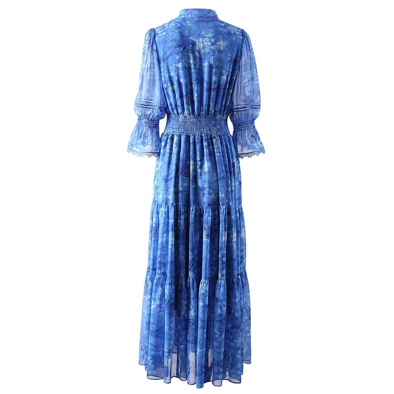 V-neck Flare Sleeve Lace Print Summer Dress