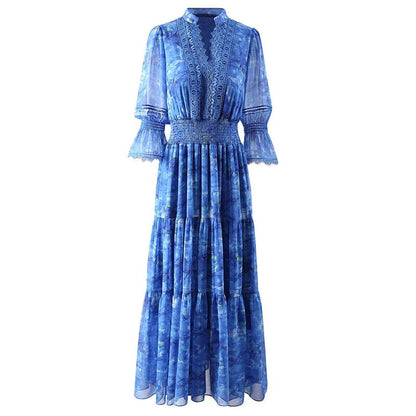 V-neck Flare Sleeve Lace Print Summer Dress