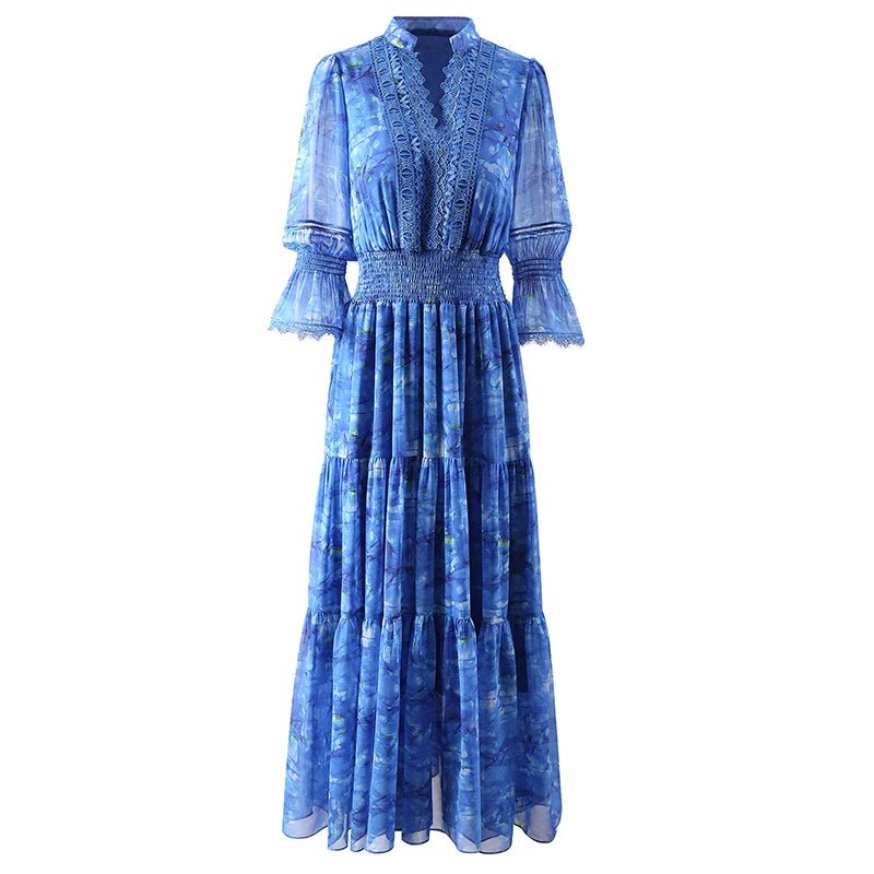 V-neck Flare Sleeve Lace Print Summer Dress