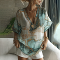 Vintage Marble Texture Collection Bohemia Women Style Gradient Black Gilded Pattern Linen V Neck T-shirt elevenforest