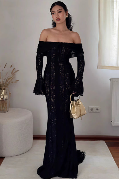 Off Shoulder Lace Flare Sleeve Fitted Train Maxi Dress