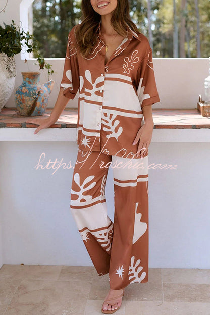 The Beach Unique Color Block Print Button Up Shirt and Elastic Waist Pants Set