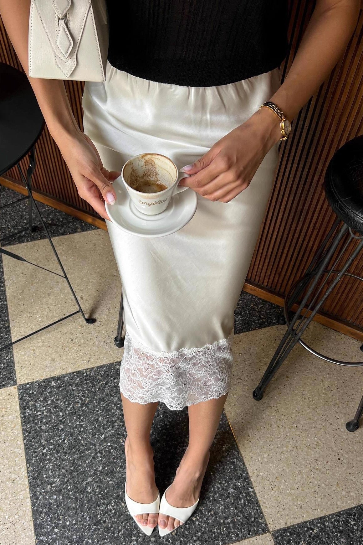 Satin Lace Trim Bodycon Skirt