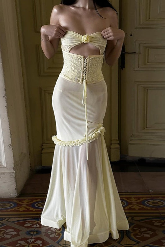 Patchwork Boned Tie Ruched Maxi Dress