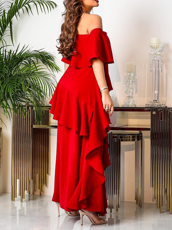 Layered Ruffled Color Split-front One-shoulder Maxi Dresses