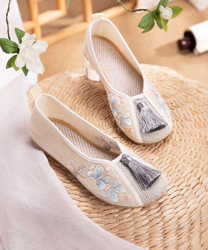 White Tassel Embroidery Linen Fabric Flat Feet Shoes