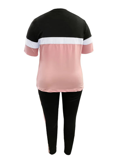 Patchwork Drawstring Pants Set Color Block Skinny Short Sleeve Trousers Two Pieces Matching Suits Outfit