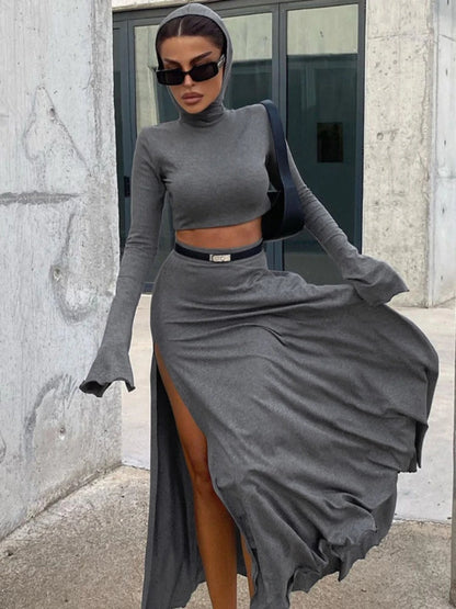 Loose Side Slit Skirt Two Piece Sets Outfits Dress Sets Short Long Sleeve Hoodies and Skirts Suit Femme