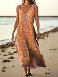 Women's Retro Ethnic Totem Art Pattern Print V-neck Sleeveless Pocket