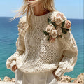 Women's Boho Rose Chunky Knit Crew Neck Aran Sweater