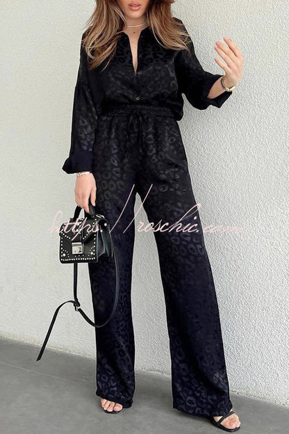 Leopard Print Jacquard Long Sleeved Shirt With Elastic Waist and Pant Two Piece Set